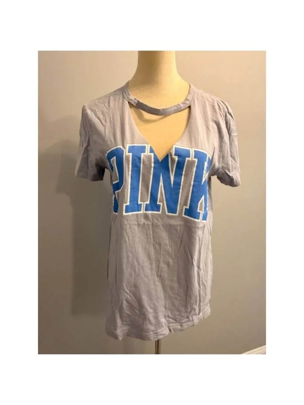 Pink Victoria's Secret women's XS (oversized) gray/blue V-neck t-shirt w/cut-out
